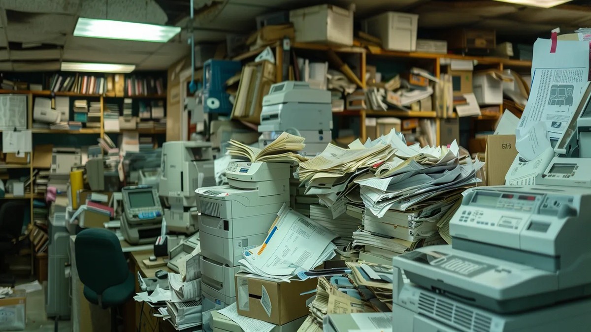 A disorganized office filled with numerous papers, computers, and various office supplies scattered across the workspace